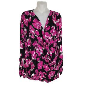 Jessica London Womens Top Size 14/16 Faux Wrap V Neck Pullover Floral Pink Tunic